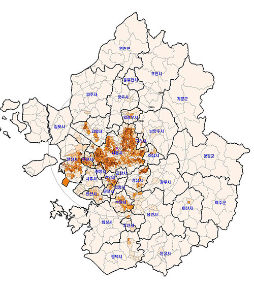 경기개발연구원의 인구분포도. 